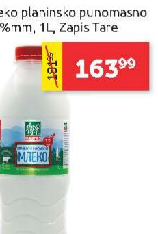 Mleko planinsko punomasno 3.5%, 1L, Zapis Tare