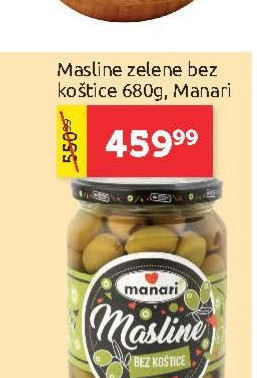 Masline zelene bez koštice 680g, Manari