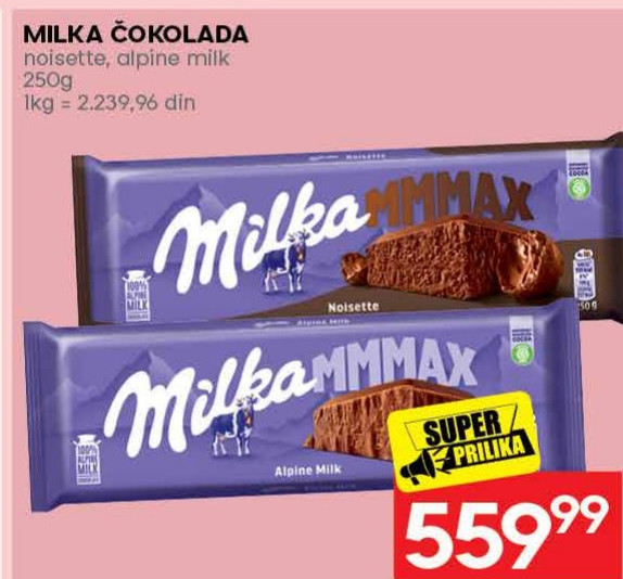 MILKA ČOKOLADA noisette, alpine milk 250g
