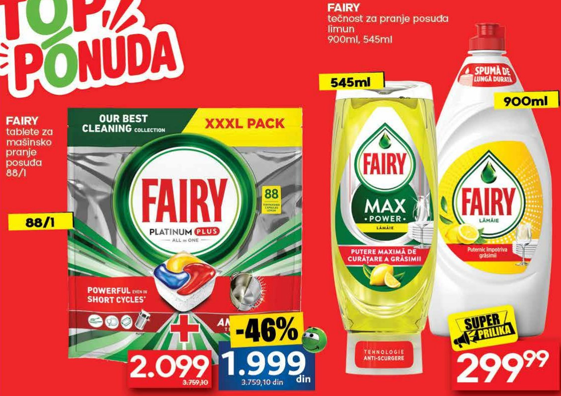 FAIRY tečnost za pranje posuda limun 900ml, 545ml