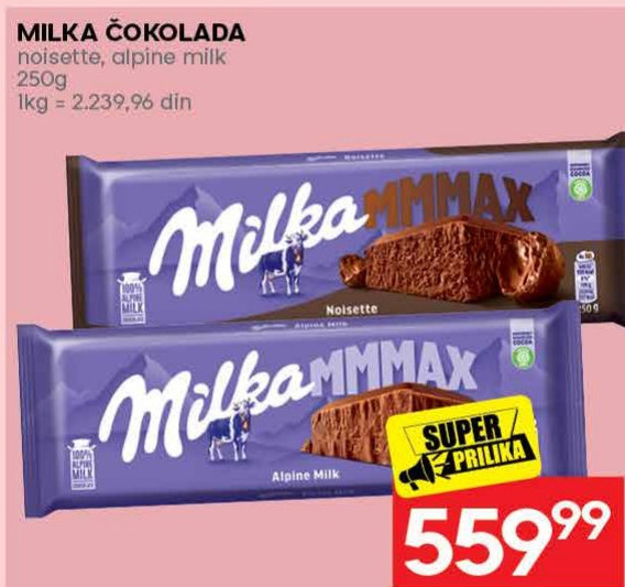 MILKA ČOKOLADA noisette, alpine milk 250g
