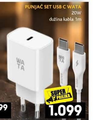 PUNJAČ SET USB C WATA 20W dužina kabla 1m