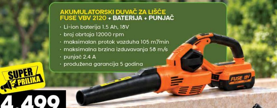 AKUMULATORSKI DUVAČ ZA LIŠĆE FUSE VBV 2120 + BATERIJA + PUNJAČ