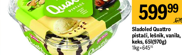 Sladoled Quattro pistaći, lešnik, vanila, keks, 651(970g)