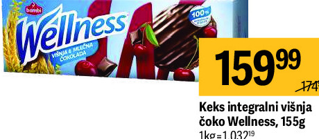 Keks integralni višnja čoko Wellness, 155g
