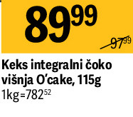 Keks integralni čoko višnja O'cake, 115g