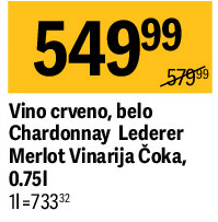 Vino crveno, belo Chardonnay Lederer Merlot Vinarija Čoka, 0.751