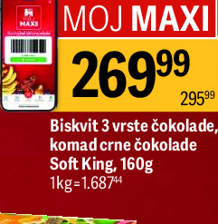 Biskvit 3 vrste čokolade, komad crne čokolade Soft King, 160g