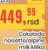 Čokolada noisette/alpine milk Milka