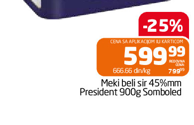Meki beli sir 45%mm President 900g Somboled