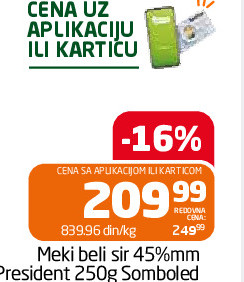 Meki beli sir 45%mm President 250g Somboled