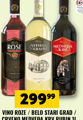 VINO ROZE / BELO STARI GRAD / CRVENO MEDVEDA KRV RUBIN 1L