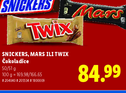 Čokoladice SNICKERS, MARS ILI TWIX