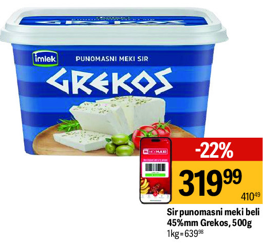 Sir punomasni meki beli 45% Kačkavalj Grekos, 500g