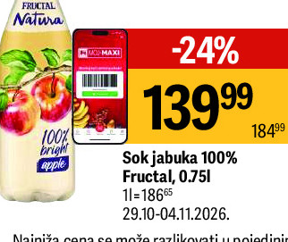 Sok jabuka 100% Fructal, 0,75l