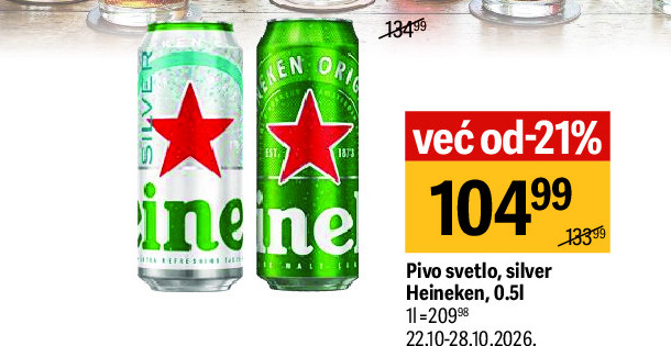 Pivo svetlo, silver Heineken, 0,5l