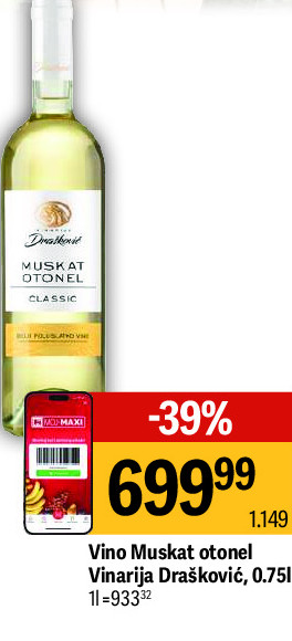 Vino Muskat otonel Vinarija Drašković, 0.75l